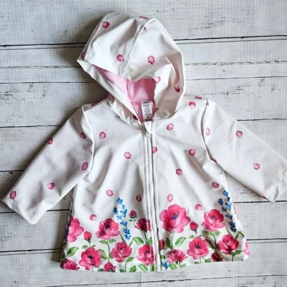 Little Me 12M White Pink Floral‎ Raincoat Hooded Jacket Bow Back Spring